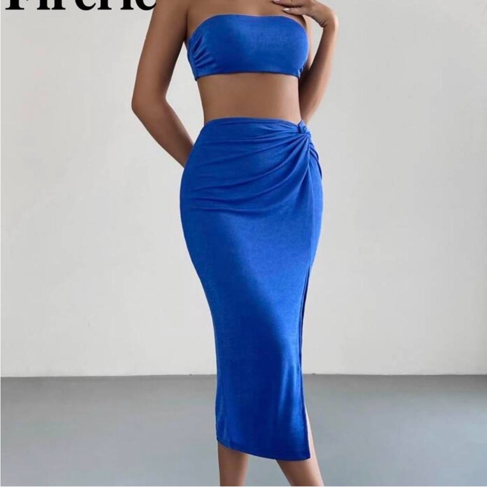 Blue Two Piece Vacation Midi Skirt and Tube Top Set Size Small Summer Beach